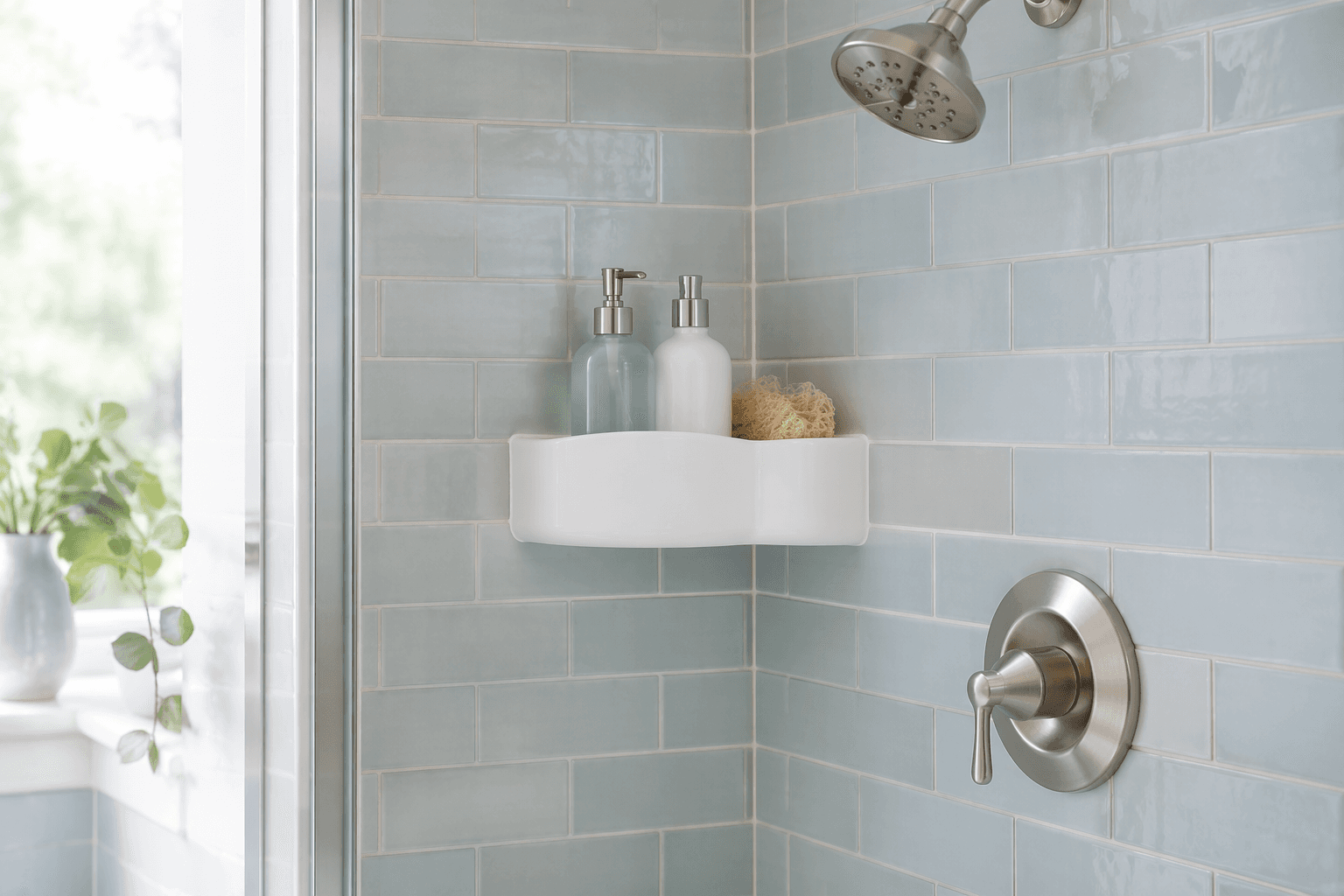 Corner Shower Caddy — In the bathroom