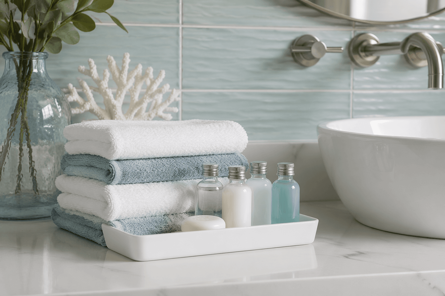 Hotel Guest Amenity Tray — In the bathroom