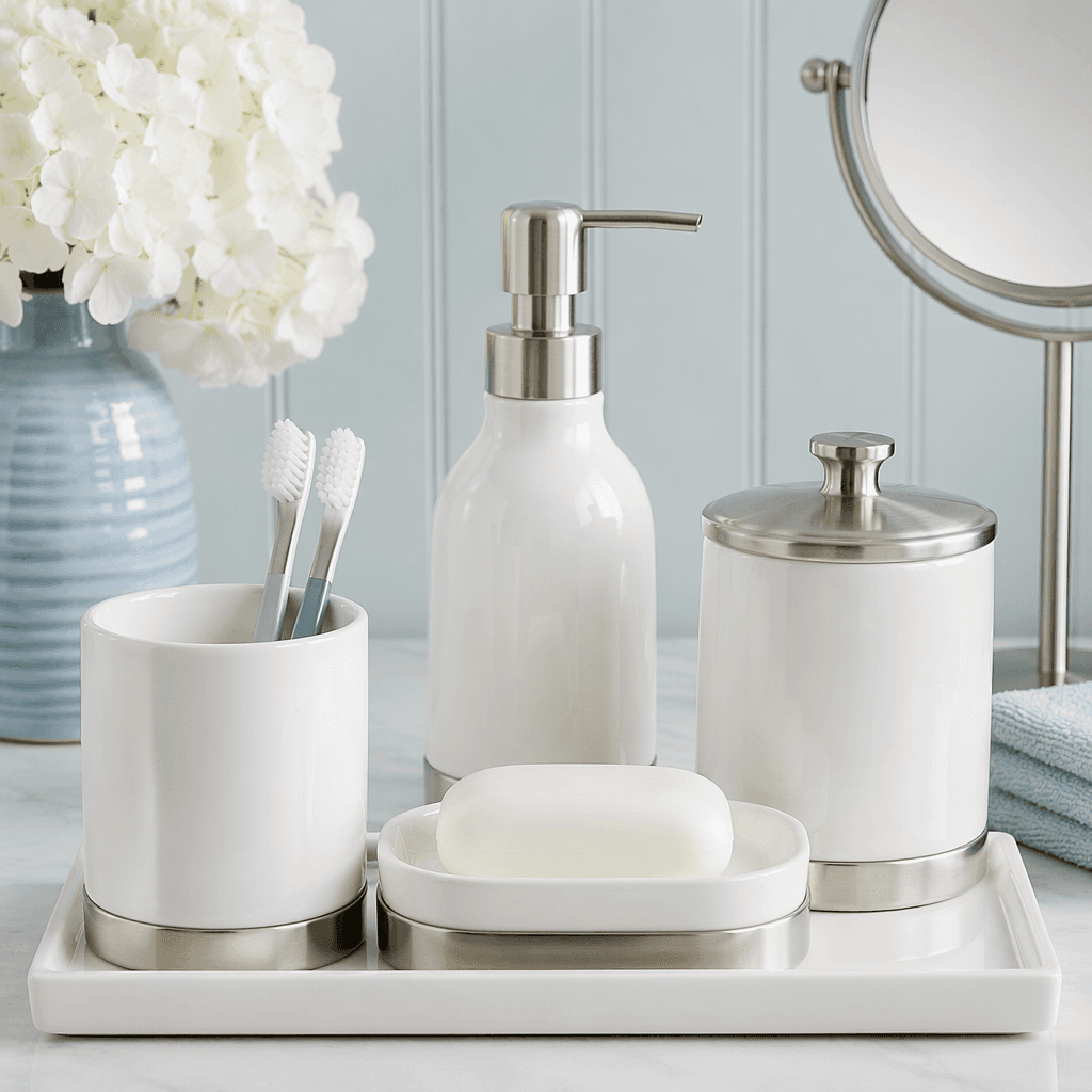 Brushed nickel and porcelain bathroom accessories arranged with care