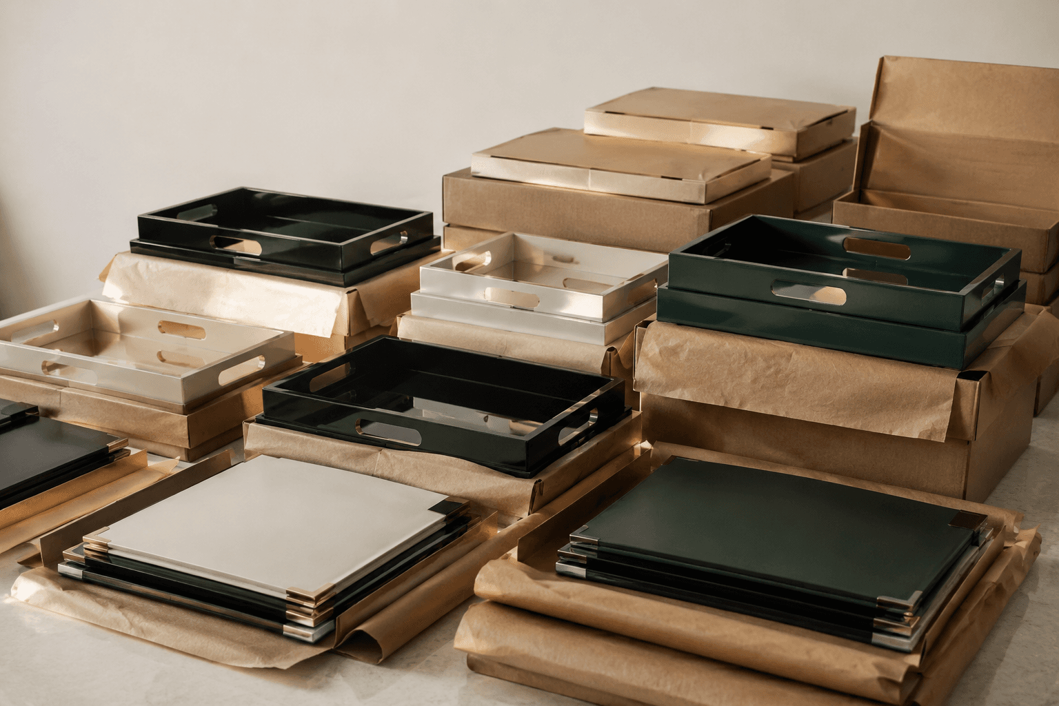 Neatly arranged finished trays and folders ready to ship
